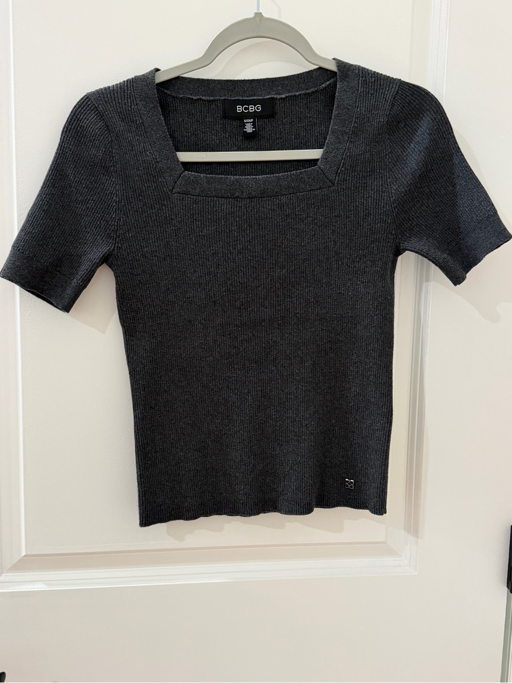 BCBG Charcoal Ribbed Square Neck Short Sleeve Top